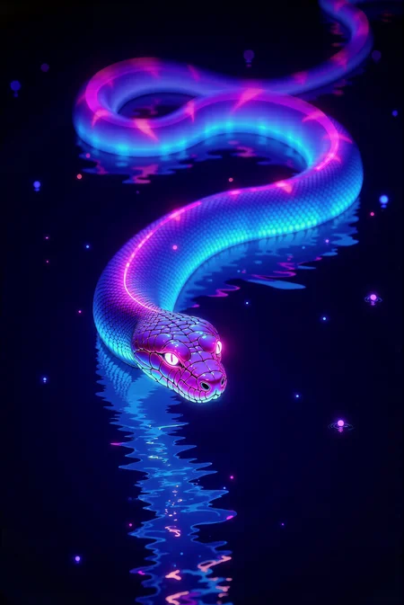 A mesmerizing digital illustration features a (from above close shot:1.3) of a majestic snake gliding calmly across the surface of still water at night, its sleek and elegant sinusoidal-like form glowing brightly with a flawless gradient of luminous colors. The snakeâs smooth, sinuous body glows with an ethereal radiance, creating a striking contrast against the very dark, almost black background that envelopes the scene. Starting from the snakeâs head, the gradient begins with an intense, vivid pink glow contours its triangular head, with softly glowing reflections shimmering across the waterâs surface. The snake's eyes are sharp and serene, catching the same pink light, giving them an otherworldly, hypnotic brilliance. As the gradient flows smoothly down the snakeâs body, the pink transitions into a rich cyan-blue hue glow of the midsection with electric energy. The cyan-blue light reflects in the water, creating rippling reflections that shimmer outward in concentric circles, as though the snakeâs glow is breathing life into the stillness. Further down, the gradient deepens into a cool, vivid indigo-blue at the snakeâs tail, where the light becomes softer yet intensely luminous, diffusing into fading out glowing trails beneath the water, as if the snake leaves behind a stream of liquid light. The water itself mirrors the glowing gradient perfectly, with smooth, glass-like reflections of pink, cyan-blue, and indigo-blue glowing on its surface. Subtle ripples form where the snakeâs body touches the water, distorting the glow slightly and creating a dreamlike interplay of light and motion. The edges of the ripples catch the neon glow, spreading faint, radiant hues outward in soft, glowing waves. The dark, undefined background serves as a stark canvas, enhancing the vivid luminescence of the snake and its reflections. Tiny, glowing particles float gently in the air and water, like suspended embers of light, adding depth and atmosphere to the composition. Rendered in a neon-surrealist and contemporary glowing art style, the illustration utilizes flawless gradients, intricate detailing, and volumetric light diffusion effects to create a captivating and magical visual. The calm yet radiant snake becomes a beacon of luminous beauty in the dark stillness of its nocturnal world, evoking a sense of serenity and mystery. (Deep depth of field:1.3). <lora:DGLO_style_v.6:0.8>
