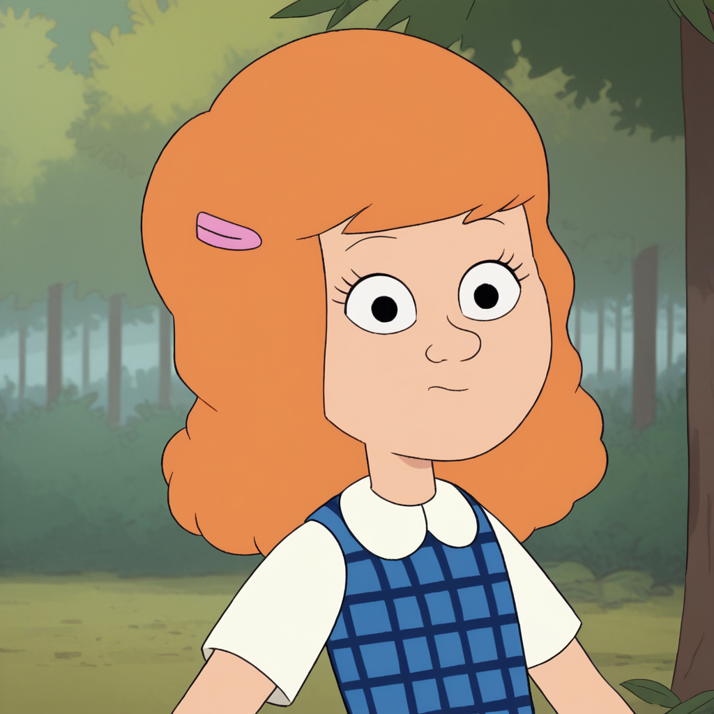 score_7_up, BREAK, BRIDGET, solo, 1girl,  solo, orange hair, black eyes, hairclip, blue plaid dress, short sleeves, portrait, <lora:BridgetFitzsimmons_PXL_Leaf1:1>, forest,