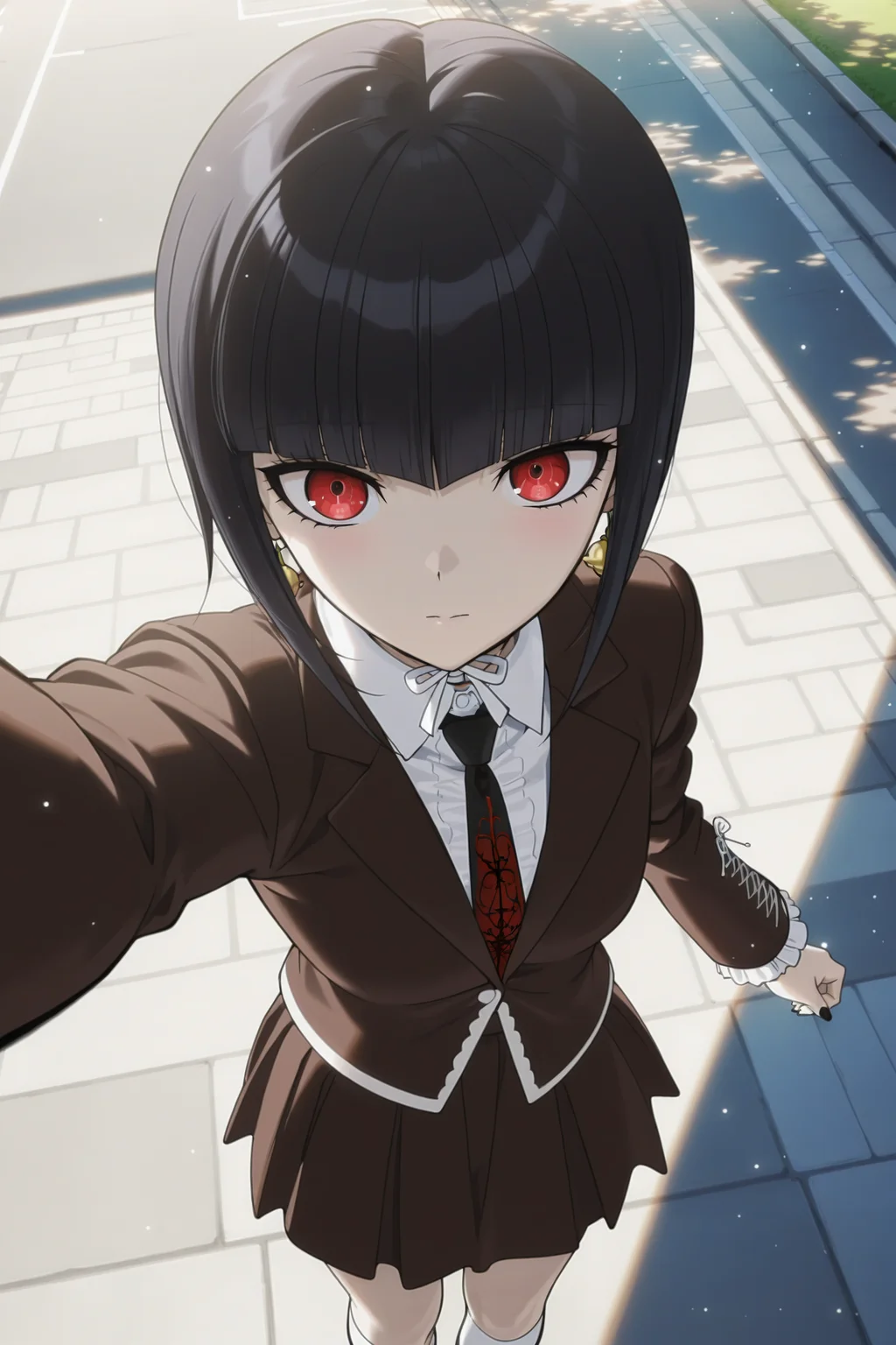 anime screencap, masterpiece, best quality, amazing quality, very aesthetic, absurdres, newest, (scenery, volumetric lighting),
celestia ludenberg, bob cut, blunt bangs, short hair, bangs, black hair, red eyes,
brown school uniform, collared shirt, black necktie, cowboy shot, selfie, from above, brown skirt, white kneehighs,
street, outdoors, day, road, pavement,
dappled sunlight, light particles, light particles,
<lora:Celestia_IL:0.8>