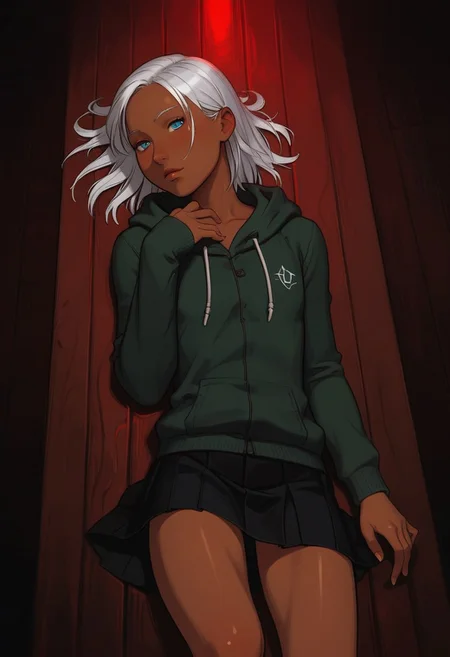 Score_9, score_8_up, score_7_up), easynegative, green hoodie, green theme, shamrocks, clovers, skirt, sexy pose, bar, lying on table, drunk bubbles, happy, (beer), neon light, detailed background, turnt, skindentation, high angle, seductive, perfect eyes, loran, white hair, blue eyes, dark skin, flat chest, otoko no ko, androgynous,