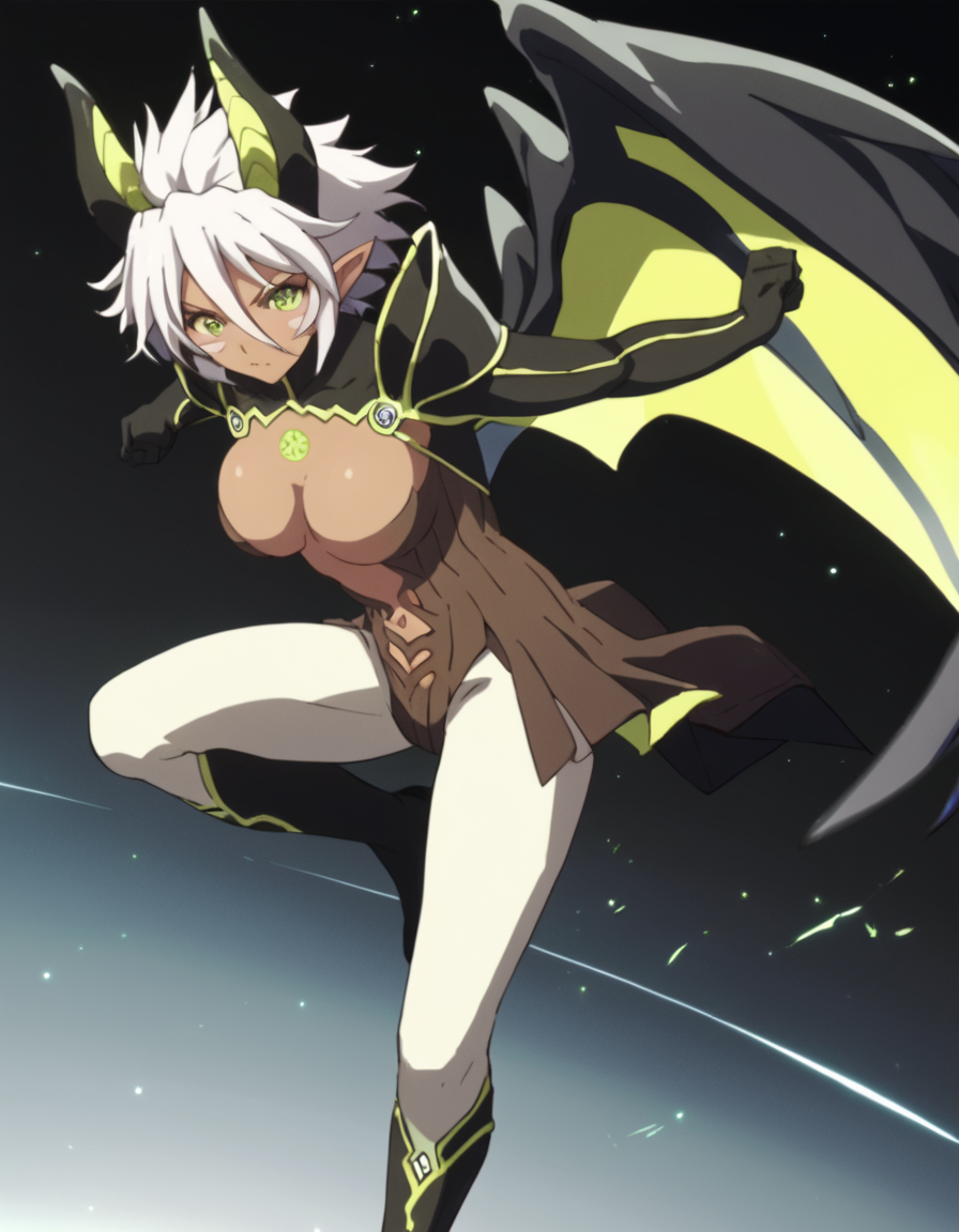 score_9, score_8_up, score_7_up, score_6_up, score_5_up, score_4_up, source_anime,  Zest, short hair, green eyes, white hair, wings, horns, pointy ears, , action pose