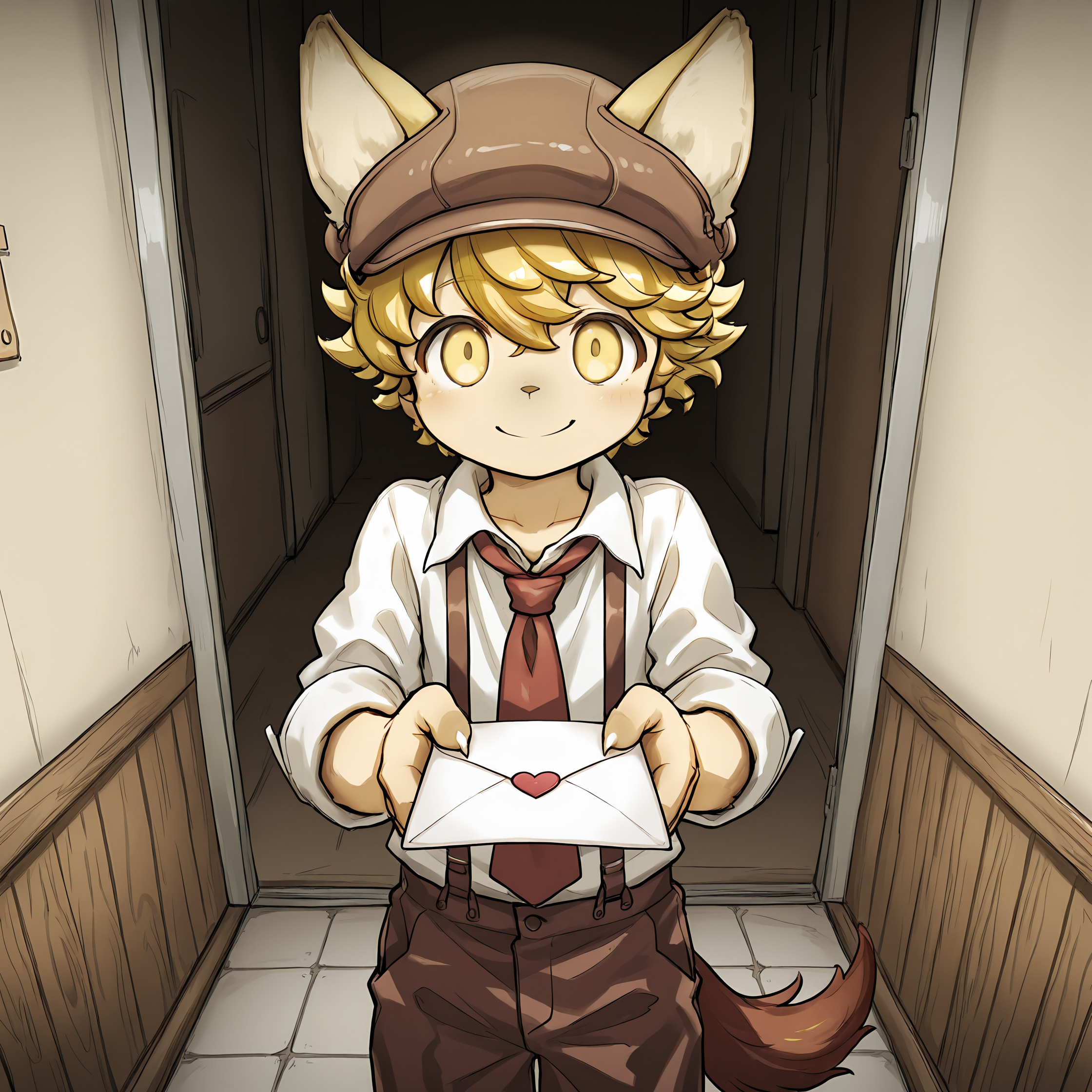 masterpiece, best quality, (absurdres), (highest quality), amazing quality, very aesthetic, no humans,
BREAK, <lora:Malt_Marzipan:1>, malt marzipan, fuga: melodies of steel, young male, 1boy, animal ears, yellow eyes, blonde hair, tail,
BREAK, brown pants, suspenders, shirt, necktie, hat, claws,
BREAK, inside, standing, smile, looking at viewer, holding love letter with both hands,