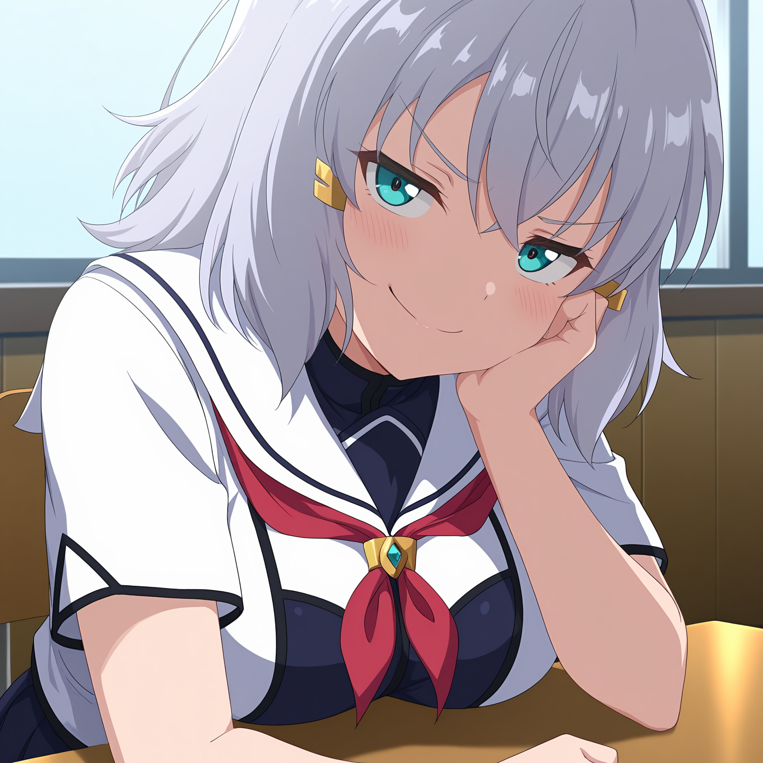 masterpiece, best quality, amazing quality, anime screencap, 1girl, solo, sitting, desk, hand on own cheek, looking at viewer, smile, smug, <lora:SthesiaAwarAcht:0.9>, SthesiaAwarAcht, grey hair, medium hair, sidelocks, aqua eyes, large breasts, school uniform,