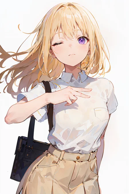 masterpiece,best quality,absurdres,1girl,solo,white background,looking_at_viewer,solo,white background,standing,full body,
one eye closed,pointing at viewer with finger,<lora:char-mygoä¸è§åè¯ Misumi Uika (Bang dream! Ave Mujica):0.6>,misumi uika,white shirt,brown short skirt,short sleeves,arm_behind_back,small breasts,Diagonally downward,