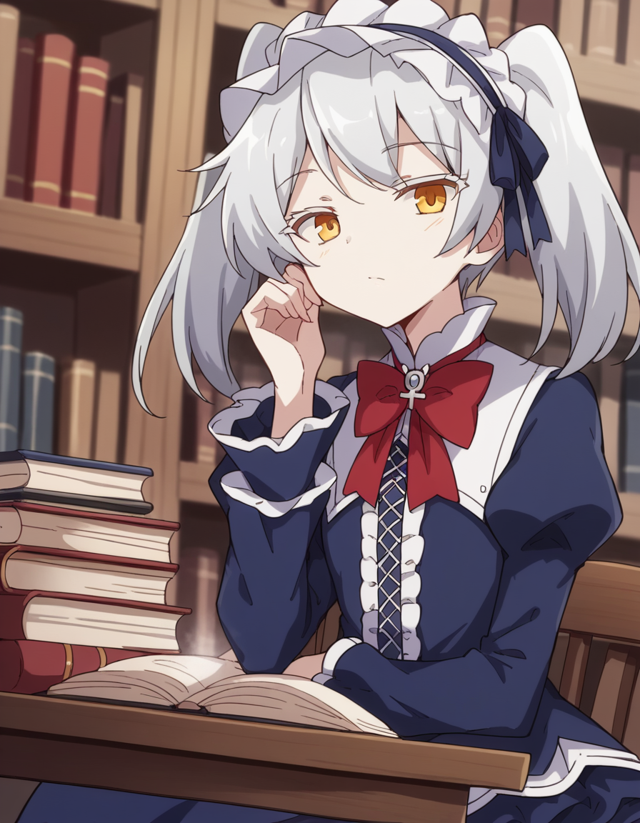 score_9, score_8_up, score_7_up, source_anime, <lora:isekaismartphone-leen-s2-ponyxl-lora-nochekaiser:1>, leen, ribbon, twintails, yellow eyes, white hair,, dress, blue dress, long sleeves, frilled dress, red bowtie, puffy sleeves, frilled skirt, skirt, blue skirt, headdress, frille headdress,, bookstore, browsing shelves, new book smell, finding a favorite, quiet atmosphere, , sitting, elbow rest, table,, looking at viewer, solo,, dutch angle, cowboy shot