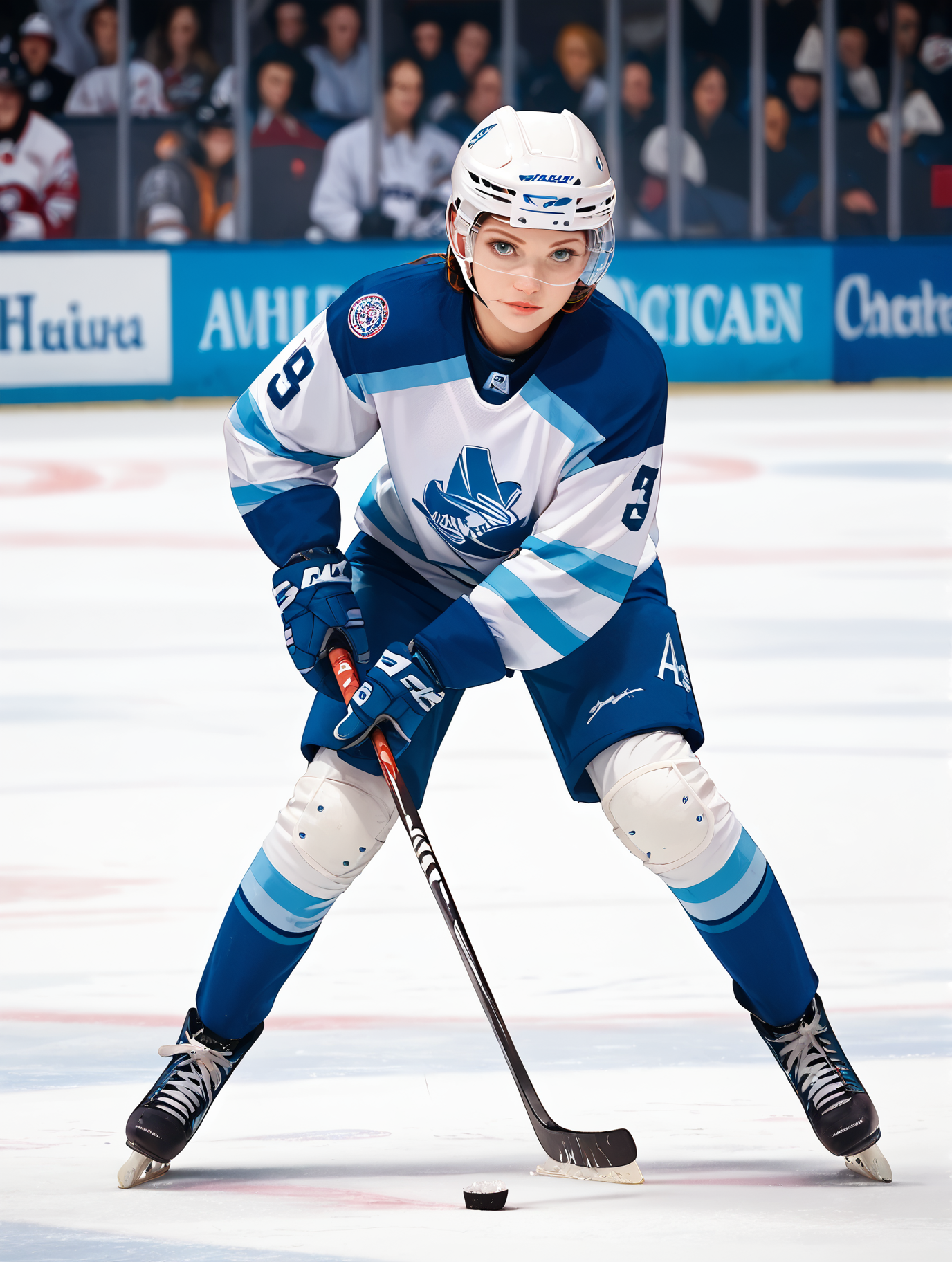 score_9, score_8_up, score_8. score_9, score_8_up, score_7_up, masterpiece, high quality, ice hockey, hockey stick, ice skates, hockey puck, solo, shirt, realistic, gloves, 1girl, jersey, jacket, shoes, pants, black footwear, blurry background, helmet,<lora:icehockey-000012:0.8>