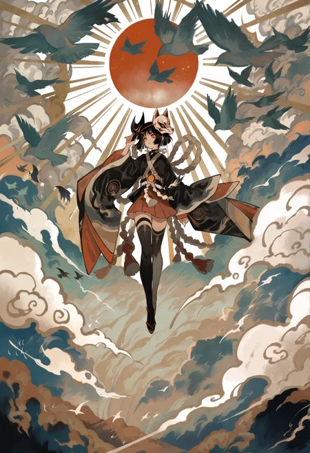1girl, bird, black hair, cloud, wide shot, hand up, japanese clothes, kimono, mask, mask on head, obi, onmyoji, parted lips, red eyes, red skirt, red sun, rope, sash, shimenawa, short hair, skirt, solo, sunburst, thighhighs, wide sleeves,
masterpiece, best quality, amazing quality, absurdres, newest,
<lora:tsubonari:1>