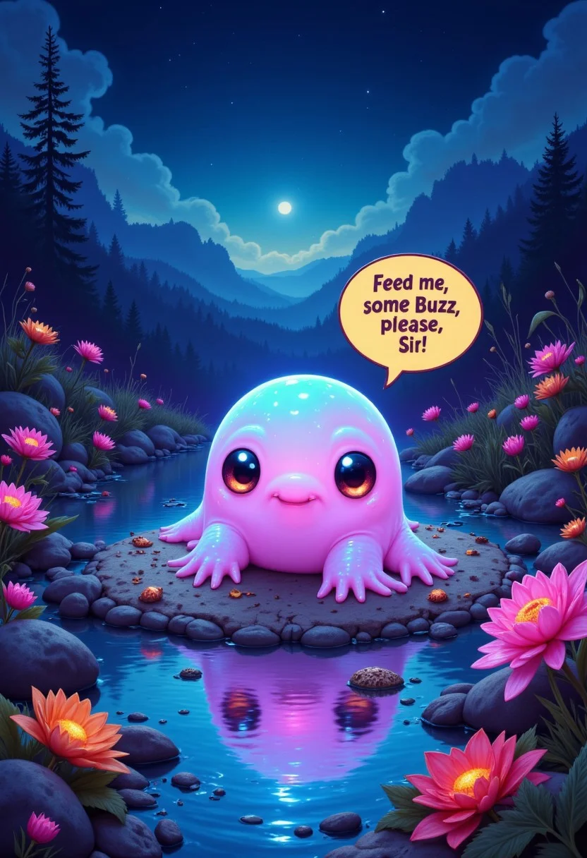 "Create an adorable, kawaii-style illustration of a small, cute axolotl. vibrant, glowing, luminescent, obese, melting The axolotl should have big, expressive eyes and a cheerful smile. Include a colorful comic speech bubble that says, 'Feed me some Buzz, please, Sir!' The background should be a river or a lake in the night full of river plants and flowers bright and playful to enhance the overall cuteness. by MABYSS"