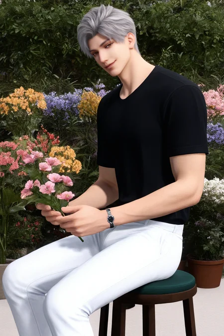 <lora:sylus-NAI:0.7>,sylus, 1boy, male focus, white pants, pants, shirt, holding, watch, flower, sitting, black shirt, looking at viewer, wristwatch, short hair, short sleeves, stool, jewelry, grey hair, solo, realistic, smile,garden,yaoi,bara,male focus,very awa,masterpiece,best quality,amazing quality,nsfw,uncersored,highres,best quality,amazing quality,best aesthetic,absurdres,