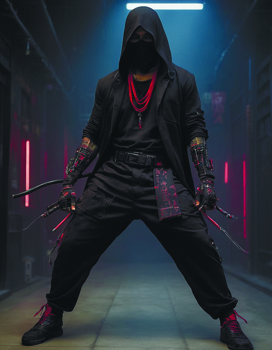 cyberpunk,black trousers,with a red bandana,incense filled dojo with pole arms cyberpukai <lora:CyberPunkAIp:0.8>,Ghost,diegocr,<lora:SDXL_Black_Sa_May:0.6>