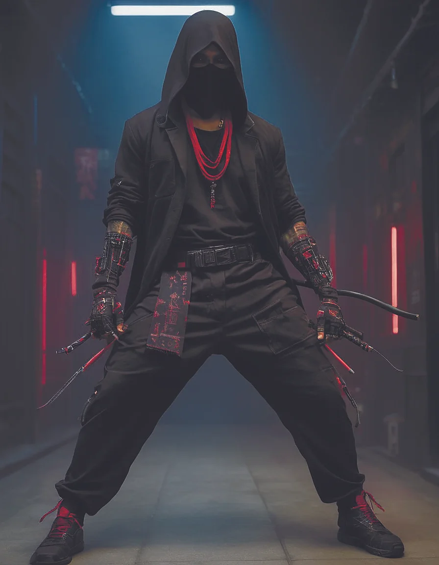 cyberpunk,black trousers,with a red bandana,incense filled dojo with pole arms cyberpukai <lora:CyberPunkAIp:0.8>,Ghost,diegocr,<lora:SDXL_Black_Sa_May:0.6>
