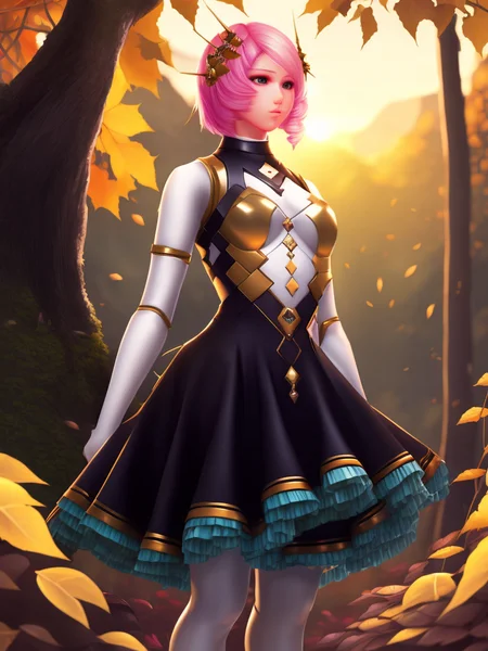 digital painting full body portrait of newtkn alisabcnv, art by midjourney, surrounded by nature, mold all over the place, highly detailed birds, defined trees background, autumn, brown leaves, sunset, 4k, hdr, paintoolsai, discord