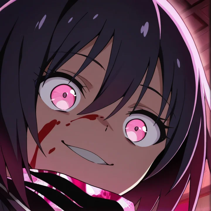 <lora:IL_Yamoto_Koki:1>,nin_sly_k,1girl,solo,Yamoto Koki /(ikusa/),pink eyes,short hair,
serafuku,scarf,
from below,close-up of face,wide-eyed,looking down,evil smile,blood on face,, masterpiece,best quality,amazing quality,very aesthetic,absurdres,