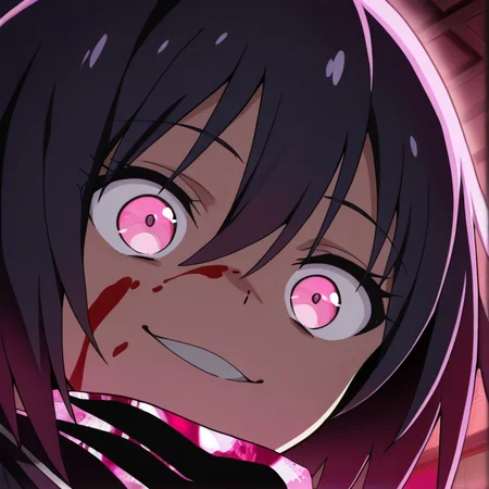 <lora:IL_Yamoto_Koki:1>,nin_sly_k,1girl,solo,Yamoto Koki /(ikusa/),pink eyes,short hair,
serafuku,scarf,
from below,close-up of face,wide-eyed,looking down,evil smile,blood on face,, masterpiece,best quality,amazing quality,very aesthetic,absurdres,