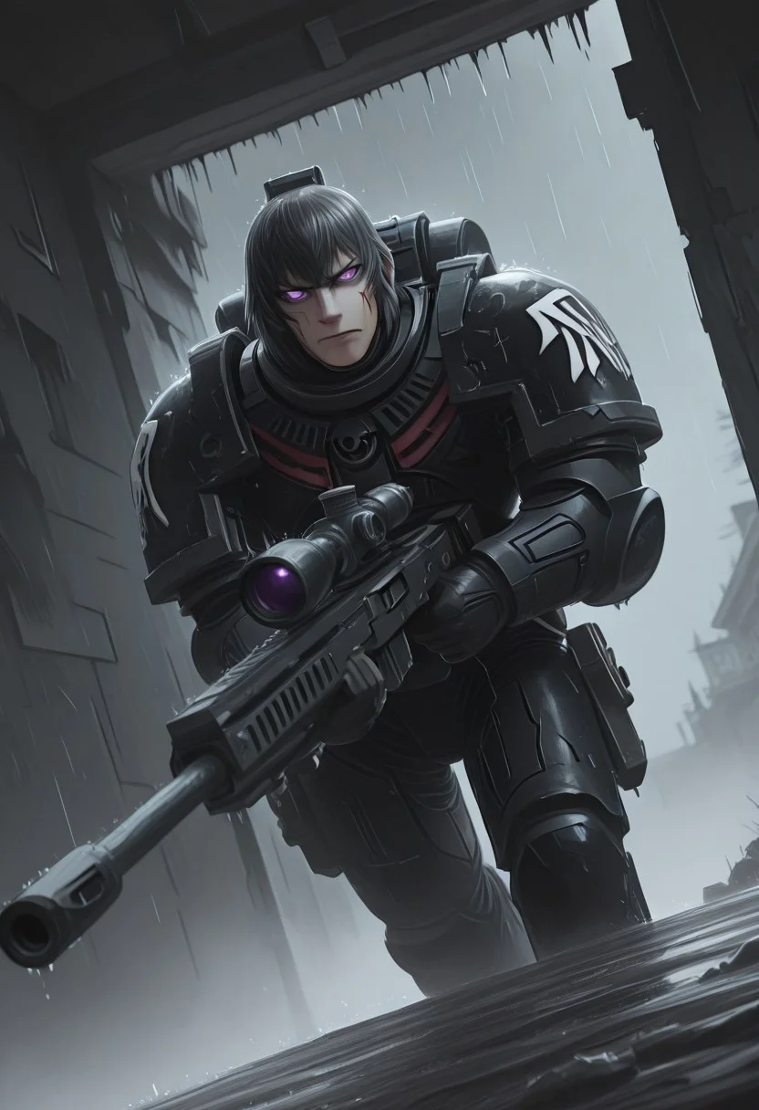 masterpiece, best quality, high quality, newest, highres,8K,HDR,absurdres, dynamic angle, realistic, 1boy, wearing edgRG_(power armor), pauldrons, raven emblem, solo, 1boy, Raven, a handsome man, black hair, grey hair, purple eyes, black eyes, perfect eyes, holding a sniper, broken window, silhouette, creepy, backlit, haunted, lightnings and thunders, rain, rainy, fog, mist, cold, dutch angle, dark interior, solo, close up, mid shot, dutch angle, <lora:edgIllustriousXL_Raven_Guard:1>