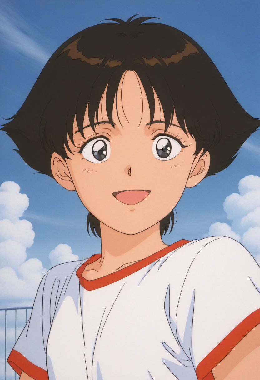 masterpiece, best quality, source_anime,official art,perfect_anatomy,1990s_\(style\),retro_artstyle,1girl,solo,Aiko,black hair,black eyes,short hair,white shirt,looking_at_viewer,smile,happy,open smile,portrait,day,blue_sky,cloud