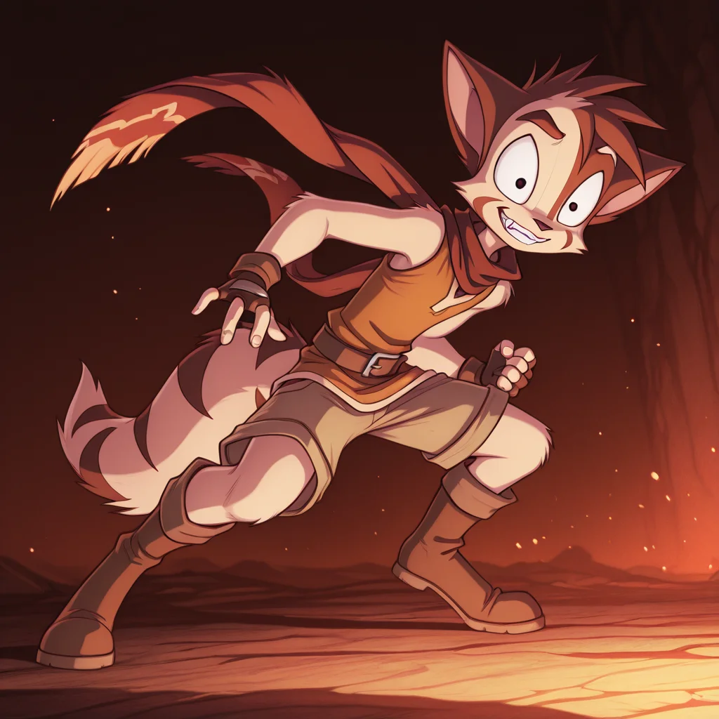 Mace, Dreamkeepers, 1boy, solo, anthropomorphic, young, feline-like, tan fur, large expressive eyes, dark brown hair, spiky hair, tufted ears, thin build, small fangs, mischievous grin, wearing scarf, fingerless gloves, tunic, shorts, belt, knee-high boots, dynamic pose, confident stance, energetic, animated expression, adventure-ready, cartoon style, fantasy setting, dramatic lighting, action-oriented, high-detail, vibrant colors, soft shading, comic book aesthetic, sharp outlines, lively atmosphere.
,<lora:Dreamkeepers_Mace_Illustrious:0.8>,
,masterpiece,best quality,amazing quality,