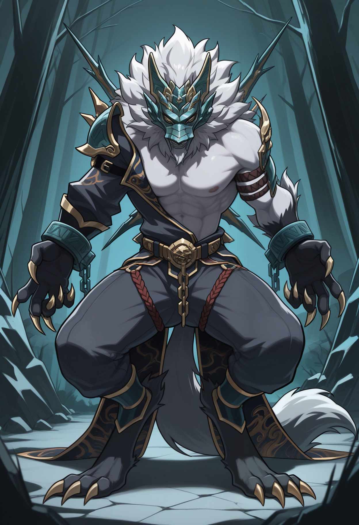masterpiece,best quality,amazing quality, 1boy, solo, h00l4y, werewolf, grey fur, mask, hadanugi dousa, pants, single pauldron, arm rope, cuffs, belt, thigh straps, leg bracers, claws (weapon), back spikes, waist cape, tail, full body,