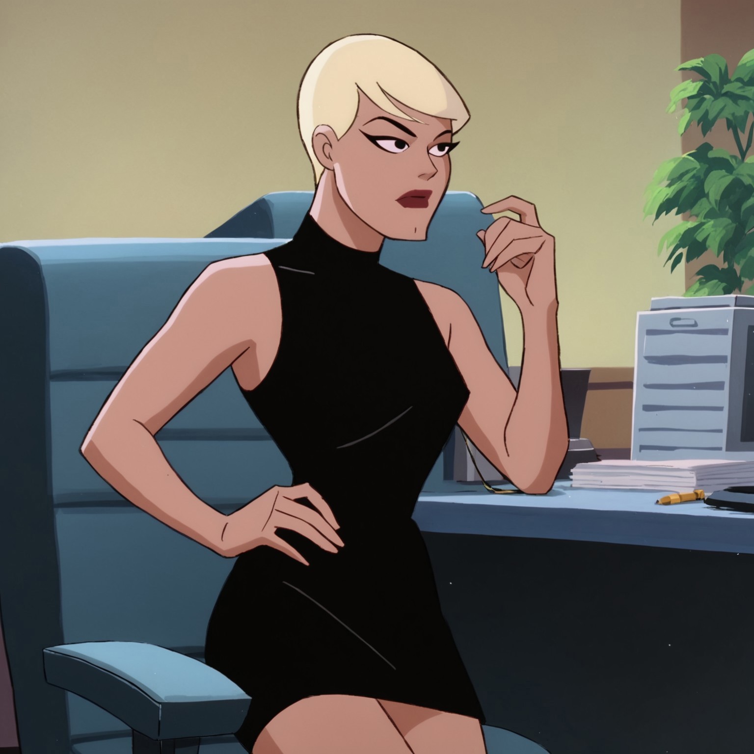 score_9, score_8_up, score_7_up, 1girl, solo, lipstick, blonde hair, short hair, black eyes, dress, black dress, skirt, Maggie Sawyer (dc), looking away, seductive, sexy, flirting, hand on hip, arm up, thighs, sleeveless, bare shoulder, indoors, office