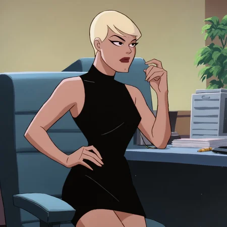 score_9, score_8_up, score_7_up, 1girl, solo, lipstick, blonde hair, short hair, black eyes, dress, black dress, skirt, Maggie Sawyer (dc), looking away, seductive, sexy, flirting, hand on hip, arm up, thighs, sleeveless, bare shoulder, indoors, office
