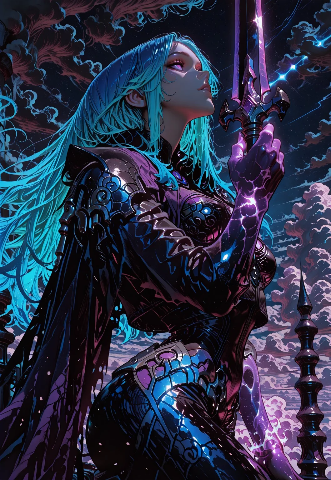 masterpiece, very aesthetic, absurdres, Hype4realistic, 8k, Smo0thL1nes, lazypos,
view of dark clouds, thick layer of dark clouds cover the ground, night,
solo, 1woman, from side, DS_Katarina, aqua blue hair, gradient hair, purple eyes, detailed eyes, looking up, right purple hand, glowing hand, (stabbing the sky with 1sword blade up, with right hand up to the sky, left hand resting to her side),
black chrome bodysuit, narrow waist, loose black cloak, fabric texture,
above the clouds, she flies up from the clouds, she emerges from the clouds,
, vivid_color, high contrast, speed lines, move_effects,