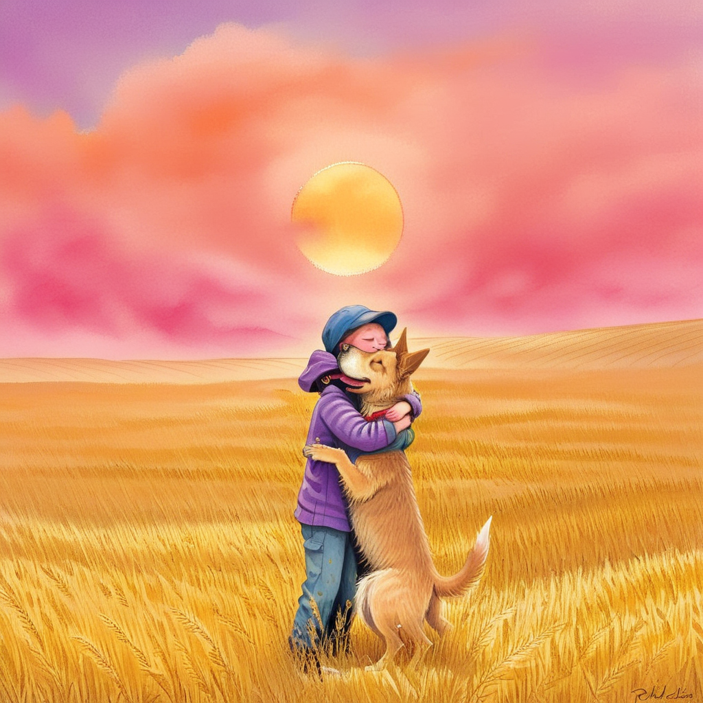 A watercolor painting of a young boy and a large dog sharing a heartfelt hug in the middle of a golden wheat field. The boy should be wearing casual, comfortable clothing, and the dog should be a large breed, like a Golden Retriever or a German Shepherd. Both should have expressions of pure joy and contentment. The wheat field should stretch out as far as the eye can see, bathed in the warm glow of the setting sun. The sky should be painted with hues of orange, pink, and purple, adding to the magical atmosphere, <lora:jimi:0.8>