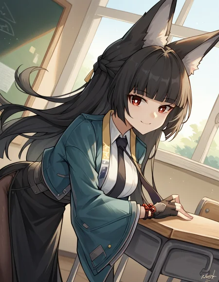 score_9, score_8_up, score_7_up, source_anime, miyabihoshimi, <lora:miyabi-hoshimi-ponyxl-lora-nochekaiser:1>, miyabi hoshimi,animal ear fluff, animal ears, black hair, bright pupils, fox ears, fox girl, half updo, long hair, red eyes, sidelocks, white pupils,, asymmetrical gloves, black gloves, black necktie, black skirt, blue jacket, collared shirt, fingerless gloves, gloves, high-waist skirt, jacket, long skirt, necktie, shirt, side slit, single fingerless glove, skirt, white shirt, wide sleeves,, indoors, classroom, bent over, smile, looking at viewer, solo, cowboy shot, dutch angle