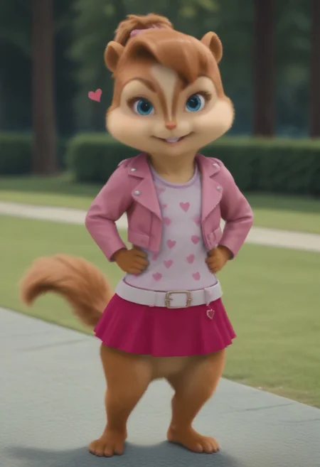 Score_9, score_8_up, score_7_up, source_furry, brittany miller, chipmunk, chipmunk girl, furry female, furry, 3d, render, movie screencap, blue eyes, pink bow in hair, jean jacket, pink striped shirt, white belt with heart buckle, pink polka dot mini skirt, barefoot, tail, standing, hands on hips, smiling, sexy pose 
, looking at viewer, large feet, park, grass, trees <lora:Brittany_Miller__Alvin_and_the_Chipmunks__CG_Movie_version:0.8>