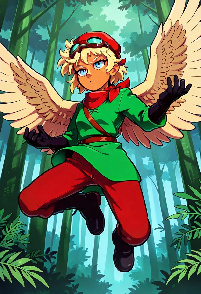 girl, athletic body, serious look, blonde hair, short hair, wild hair, blue eyes, tanned skin, green tunic, napoleonic tunic, red pants, red turban, black long boots, jungle forest, black long gloves, long sleeves, beige wings, big wings, jumping, red scarf, goggles