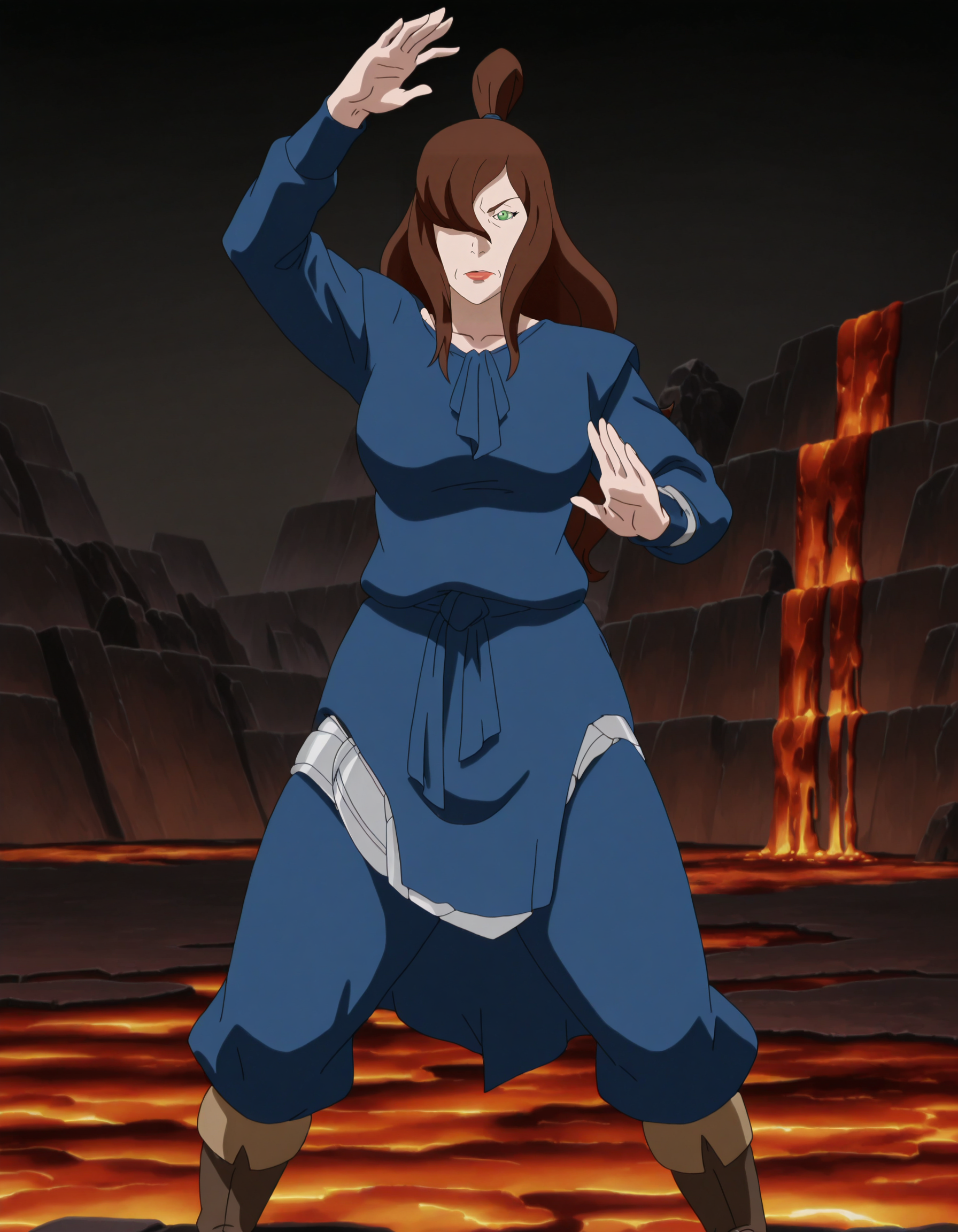 perfect composition, shadows, shading, full body, solo, <lora:feh-style-richy-v1_ixl:0.8> fehdef, <lora:KorraStyleIXL:1>, <lora:anime_screencap-Illustrious:0.8> anime screencap, anime coloring, very aesthetic, absurdres, zPDXL, <lora:Pony_DetailV2.0:0.5> <lora:illustrious_quality_modifiers_masterpieces_v1:1>
<lora:m1zuk:1> m1zuk, 1girl, mature female, long hair, hair covering one eye, female focus, serious, defined lips, glossy lips, dynamic pose, open palm, martial arts, fighting pose, standing, lavabending, 
 blue robe, belt, waist cloth, boots, long sleeves, fishnet, 
black background, (lava:1.2),