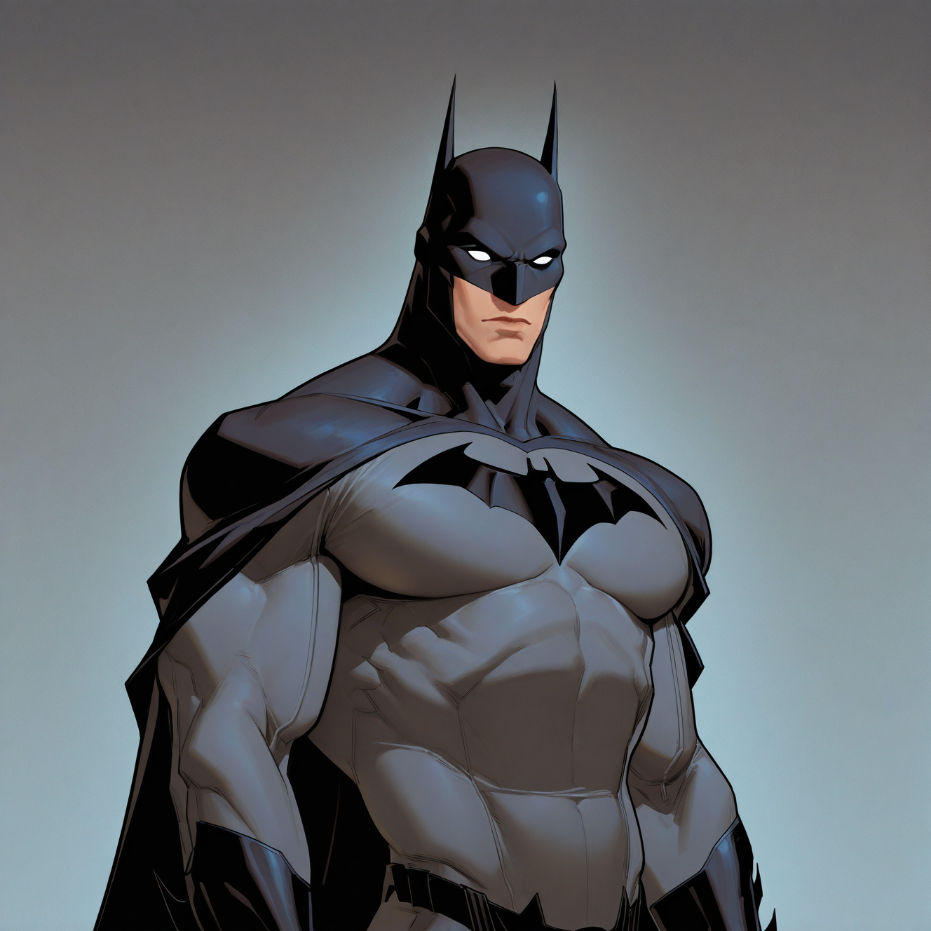 <lora:BATMAN_DCAMU:1> batman_dcamu, solo, looking at viewer, simple background, 1boy, gloves, animal ears, closed mouth, upper body, male focus, cape, gradient background, muscular, mask, bodysuit, muscular male, pectorals, animal print, black cape, white eyes, no pupils, manly, blank eyes, superhero, bat print, covered abs, bat ears, grey bodysuit, western comics (style), detailed background, motion blur, film grain, abstract, natural lighting, fantasy, cinematic, very awa, masterpiece, best quality, absurdres, newest, perfect quality, detailed background, intricate details, (artist:fl \(l-fl\):0.7), (artist:tooboshoo:0.7), (artist:dizdoodz:0.8)