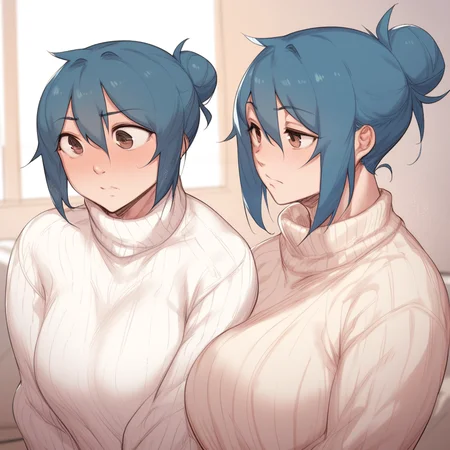 score_9, score_8_up, score_7_up, natsumi, blue haired female, bangs, single hair bun, sweater, bedroom