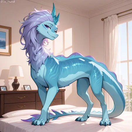 1girl, highres, absurdres, newest, masterpiece, best quality, furry, furry_female, sisu_ratld, dragon, tail, claws, double horns, blueish purple hair, blue fur, back dorsal fins, purple eyes, 1girl, long body, quadruped, feral, standing, seductive_smile, luxurious detailed room, bright room, day scene, professional lighting, white bed, solo, bedroom, smiling, seductive, looking_at_viewer, masterpiece, safe, close up
