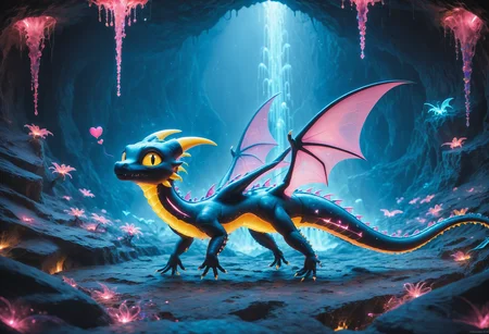 score_9,score_8_up,score_7_up, sorce_real, 8k, hd, a cute creature, mixed of a black dragon and a bat, cute and mischievous, black skin, purple details, neon colored glowing particles in the creatures black skin, black skin with neon pink bioluminescence, cinematic light, looking at viewer, dark, nigh, mysterious atmosphere, floating hearts, flies through a dark stalactite cave at night, bioluminescent icicles on the walls, everything is shrouded in darkness. <lora:SDXLFaeTastic2400:1>, cave by Jed-Cosmos <lora:Jed-Cosmos-sdxl:0.8>