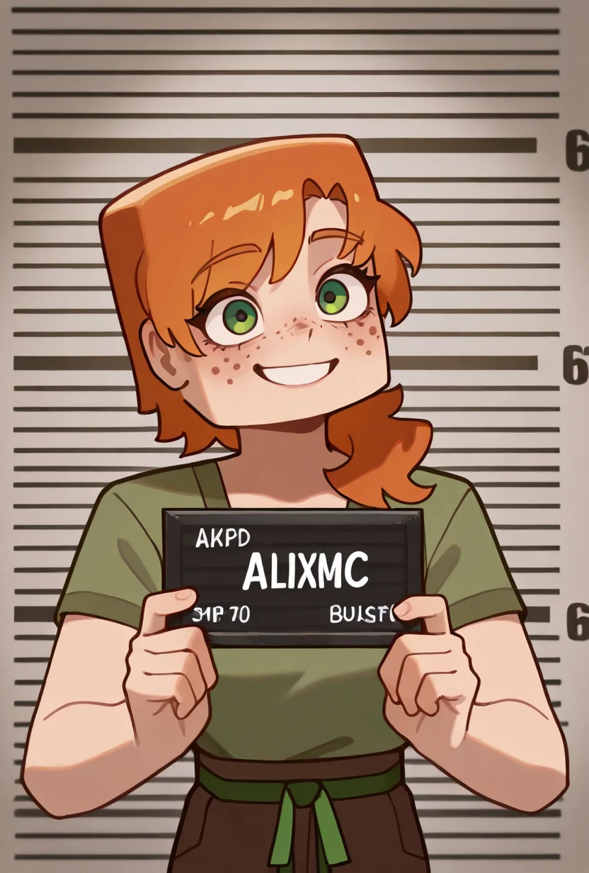 <lora:alexmc-05:1> alexmc, orange hair, 1girl, solo, green eyes, long green shirt, brown pants, short sleeves, freckles, square arms, square body, green waist ribbon, <lora:Barbie_Mugshot_ILXL:1> holding, upper body, english text, meme, barbie mugshot \(meme\), mugshot, masterpiece, best quality, amazing quality, very aesthetic, absurdres, newest,