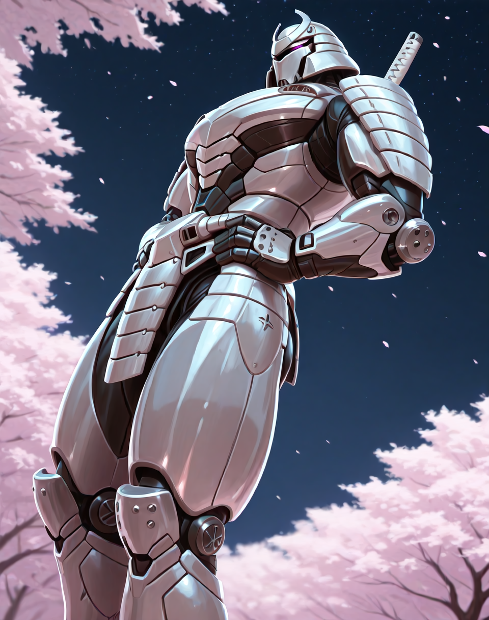 <lora:Silver_Samurai_(Marvel_Comics)_(Illustrious)_(AD):1> Silver Samurai, robot, armor, 
((
exterior, traditional Japanese noble's estate home, cherry blossoms, night sky, 
dutch angle, dynamic action, male focus, solo, fully armored, villain, hyper glossy body, powerful, superiority, hands on hips, side view, 
)),
BREAK: very awe, aesthetically pleasing, masterpiece, best quality, amazing quality, very aesthetic, depth of field, absurd details, depth of field, atmospheric rendering, natural shading, soft shading, 
BREAK: lazympos, lazypos (3),