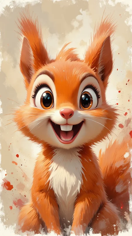 painting featuring an anthropomorphized squirrel, rendered in a whimsical, almost cartoonish style. The squirrel is depicted from the waist up, with a large, expressive face that dominates the frame. The creature's fur is a warm, rich orange with a lighter, creamy white patch on its chest and around its mouth. Its eyes are exaggeratedly large and round, with one eye winking playfully. The squirrel's ears are fluffy and perked up, adding to its comical appearance.The background is a soft, blurred mix of beige and cream tones, with splashes of red and brown paint, giving an impression of an abstract, textured canvas.The overall texture of the image is smooth, with a slightly rough, brushstroke-like quality, particularly around the squirrel's fur and the splashes of paint in the background. The lighting is diffuse, creating a warm and inviting atmosphere. The image exudes a playful, joyful mood, capturing the essence of a happy, expressive creature in a whimsical and colorful setting.,aidmaimageupgrader, aidmaMJ6.1, <lora:aidmaMJ6.1-FLUX-v0.5:0.7> <lora:aidmaImageUprader-FLUX-v0.3:0.4> <lora:FLUX_fantasy_Styler_2_64:0.7>