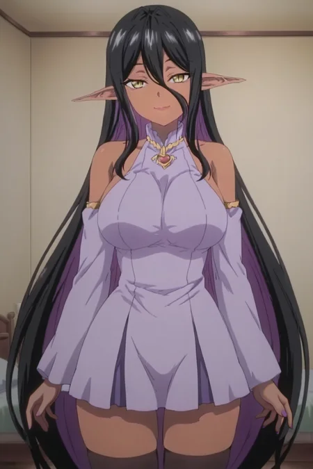 anime screencap, anime coloring, detailed face, masterpiece, best quality, very aesthetic, absurdres, volumetric lighting, official style, amazing quality, ultra detailed, highres, amazing quality, scenery, beautiful detailed hair, beautiful detailed eyes, five fingers,
in a bedroom,
<lora:Mariabelle_Yandere_Dark_Elf_She_Chased_Me_All_the_Way_From_Another_World:1>
Mariabelle (character), 1girl, solo, long hair, black hair, dark skin, yellow eyes,pointy ears, dark-skinned female, thighhighs, very long hair, dark elf, detached sleeves, large breasts, colored inner hair, looking at the viewer, standing, cowboy shot, sexy smile, juicy lips