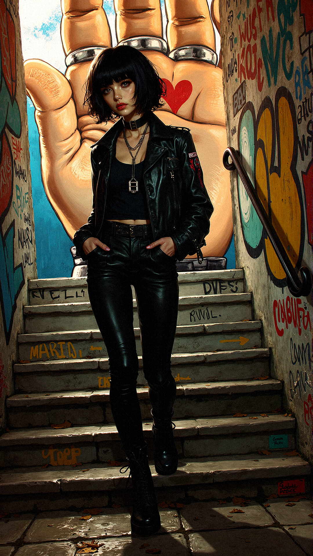 woman with striking features—large expressive eyes and dark, short-medium layered hair—walks slowly up a staircase filled with vibrant street art. The mural of a giant hand spans across the steps, as if inviting her forward. Her attire is understated but edgy, highlighted by a leather collar that gives her a rebellious edge. Her gaze is distant, as though lost in thought, while the surrounding walls are adorned with layers of graffiti, each telling its own story. The interplay of her soft, delicate appearance with the raw energy of the urban art creates a visually compelling narrative.Standing with One Hand on Her Hip: Strong, confident pose.

Extreme emphasize on photorealistic, realistic detail, realistic reflection detail and realistic background detail. 















