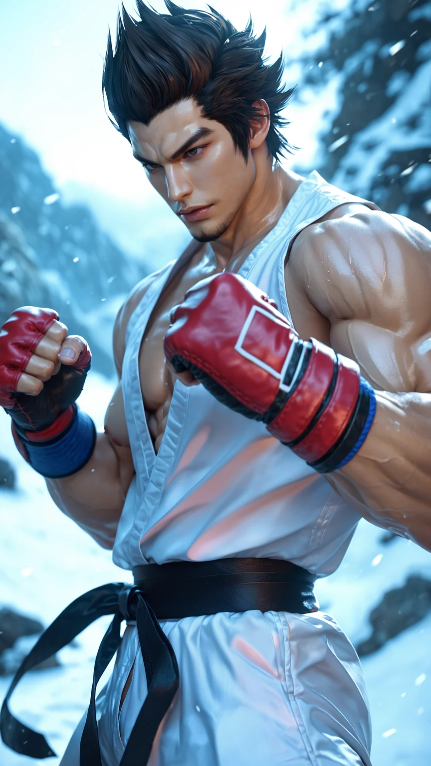 score_9, score_8_up, score_7_up, Jin Kazama from "Tekken" broods atop a misty mountain, his complex relationship with the Devil Gene causing internal conflict. His martial arts prowess is unmatched, his moves precise and powerful, as he struggles against his fate.