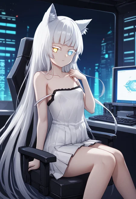 1girl, solo, highres, Nekoya_AWP, colored eyelashes, blue eyes, very long hair, bangs, white hair, heterochromia, yellow eyes, cat ears, animal ear fluff, strap slip, cat tail, white dress, bare shoulders, pleated dress, collarbone, cyberpunk, science fiction, neon light, indoors, on chair, at computer, monitor, 
sitting