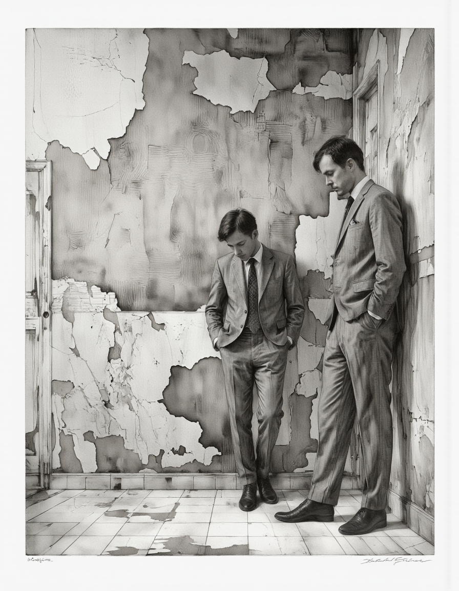 Inkquaria. A black and white digital illustration shoot from the side about a man in a formal suit standing against a wall with peeling paint, looking down with a contemplative expression. the image also shows a man standing in the middle of the frame, with his hands in his pockets, wearing a grey suit, a white shirt, a black tie, and black shoes. on the left of the image, a man appears to be in his mid-twenties, with short, dark hair, and a beard. he is standing with his feet shoulder-width apart, and his hands are tucked in between his pants. the background is a dilapidated, textured wall with cracks, and the floor is tiled. the overall mood is somber and contemplative.