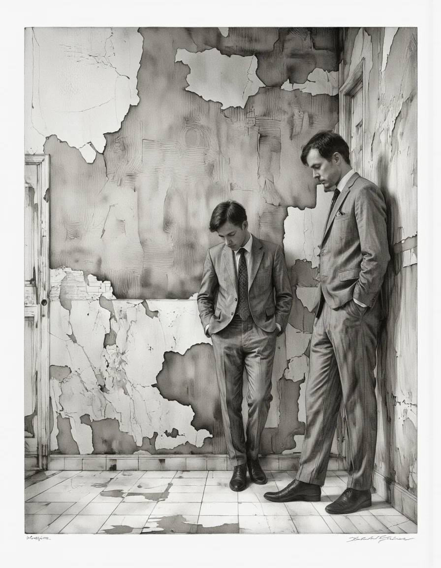 Inkquaria. A black and white digital illustration shoot from the side about a man in a formal suit standing against a wall with peeling paint, looking down with a contemplative expression. the image also shows a man standing in the middle of the frame, with his hands in his pockets, wearing a grey suit, a white shirt, a black tie, and black shoes. on the left of the image, a man appears to be in his mid-twenties, with short, dark hair, and a beard. he is standing with his feet shoulder-width apart, and his hands are tucked in between his pants. the background is a dilapidated, textured wall with cracks, and the floor is tiled. the overall mood is somber and contemplative.