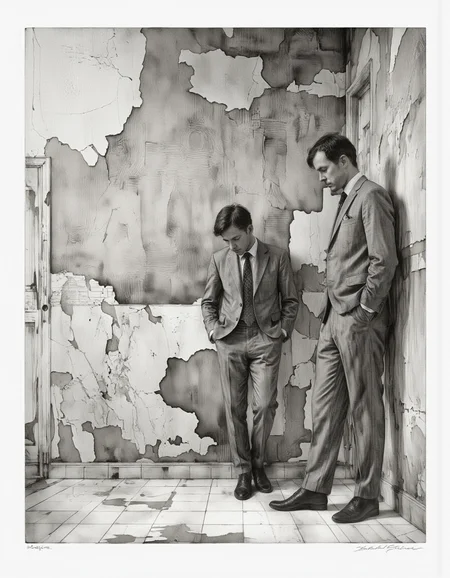 Inkquaria. A black and white digital illustration shoot from the side about a man in a formal suit standing against a wall with peeling paint, looking down with a contemplative expression. the image also shows a man standing in the middle of the frame, with his hands in his pockets, wearing a grey suit, a white shirt, a black tie, and black shoes. on the left of the image, a man appears to be in his mid-twenties, with short, dark hair, and a beard. he is standing with his feet shoulder-width apart, and his hands are tucked in between his pants. the background is a dilapidated, textured wall with cracks, and the floor is tiled. the overall mood is somber and contemplative.