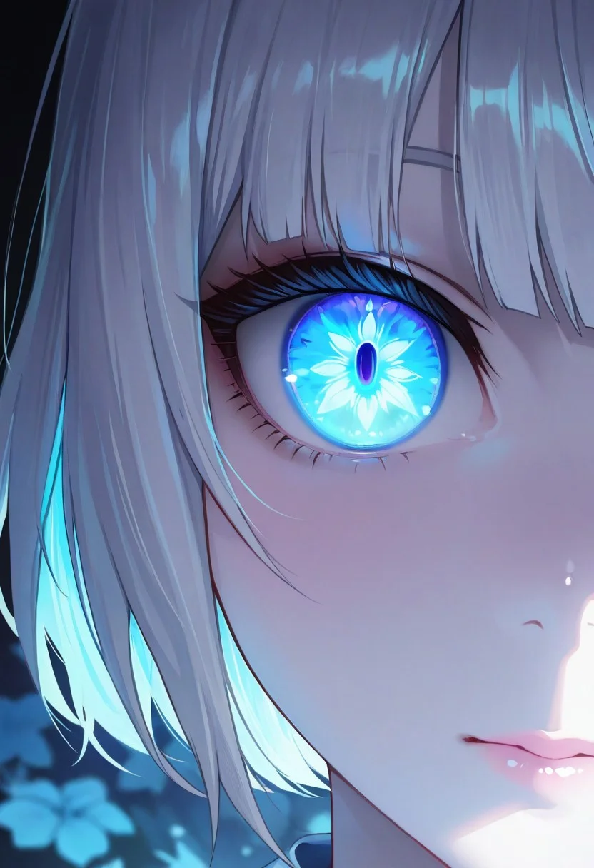 masterpiece, best quality, highly detailed, anime, 1girl, solo, close-up, serene anime girl with pale white skin, colored skin, (white skin:1.3), long glossy white hair with bangs, glowing blue eyes with a hypnotic sparkle, soft cinematic warm lighting casting gentle shadows, wearing a light blue kimono with subtle floral patterns, mysterious and cozy atmosphere, detailed hair texture with sharp lines, vibrant colors, dark background, highres, focus on glowing eyes, intricate details, --ar 9:16, --v 5, --q 2, negative prompt: low quality, blurry, distorted, extra limbs