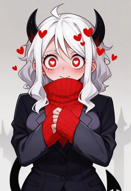 <lora:flattening-ponyxl-v1:1.3>, ,, Modeus_(Helltaker),horns, heart, demon girl, demon horns, heart-shaped pupils, symbol-shaped pupils, black horns, medium hair,demon tail, sweater, red sweater, tail, ribbed sweater, long sleeves, turtleneck, black jacket, formal, suit,, Anime eyes, anime face,<lora:add-detail-xl:0.7> <lora:xl_more_art-full_v1:0.1>