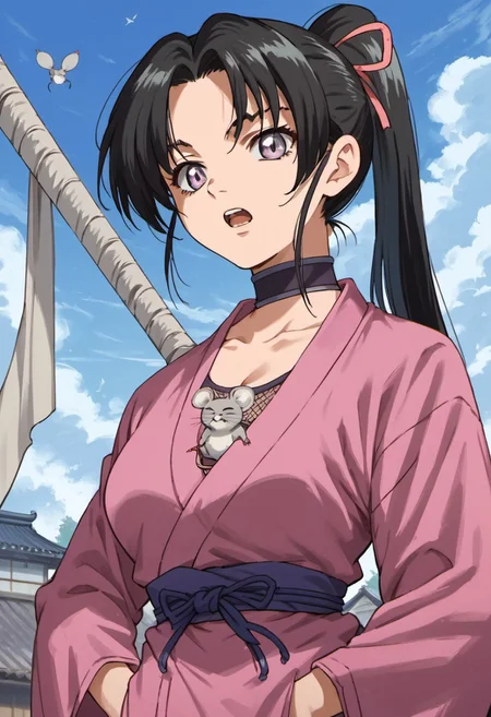 score_9, score_8_up, score_7_up, source_anime, kosaka shigure, black hair, long hair, light purple eyes, ponytail, 1girl, mouse, solo, choker, japanese clothes, weapon, sky, cloud, sword, open mouth