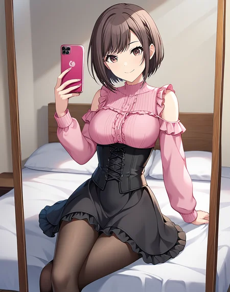 shinonome_ena, brown hair, brown eyes, skirt, black skirt, shirt, pantyhose, short hair, pink shirt,  frills,  long sleeves, bangs, jirai kei, jirai kei outfit, pink shirt, frilled shirt, frills, skirt, black skirt, frilled skirt, clothes cut out, shoulder cutout, black corset, official art, medium breasts   BREAK indoors, bedroom BREAK looking at viewer, sexy face, sexy smile, closed mouth, cowboy shot BREAK score_9, score_8_up, score_7_up, source_anime ,zPDXL, <lora:Shinonome_Ena:0.8>,  frilled shirt, bed, sit on bed,  cellphone, taking photo,   crossed legs, mirror pov