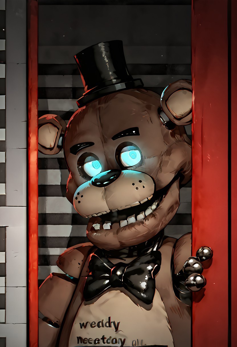 masterpiece, best quality, score_9, score_8_up, score_7_up, solo, peeking out, upper body, hiding behind metal door,, night, horror \(theme\),checkered walls, gray walls, red walls, glowing eyes, freddy,  looking at viewer, dark scene,