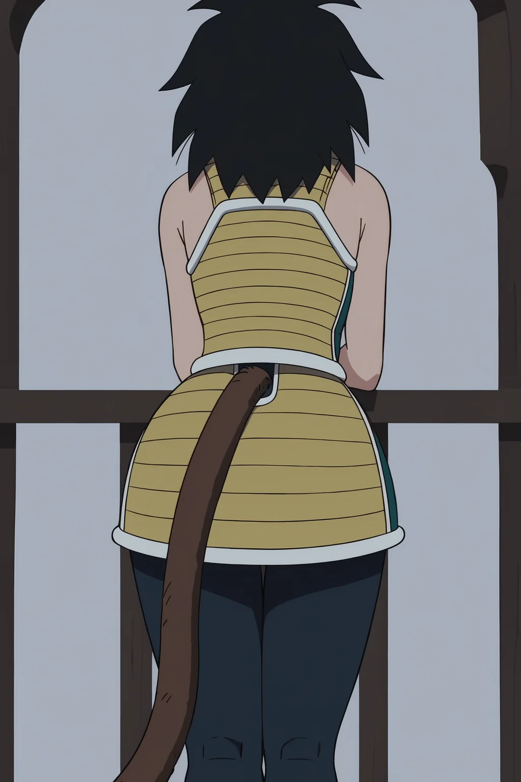 source_anime, score_9, score_8_up, score_7_up, anime screencap, absurd res,
gine, official style, 1girl, bent over, solo, bare shoulders, cave interior, black hair, pantyhose, monkey tail, ass, from behind, black legwear, thigh gap, green skirt, green saiyan armor, saiyan armor, medium hair, spiked hair, tail through skirt, white trim
<lora:Gine_v1:0.8>